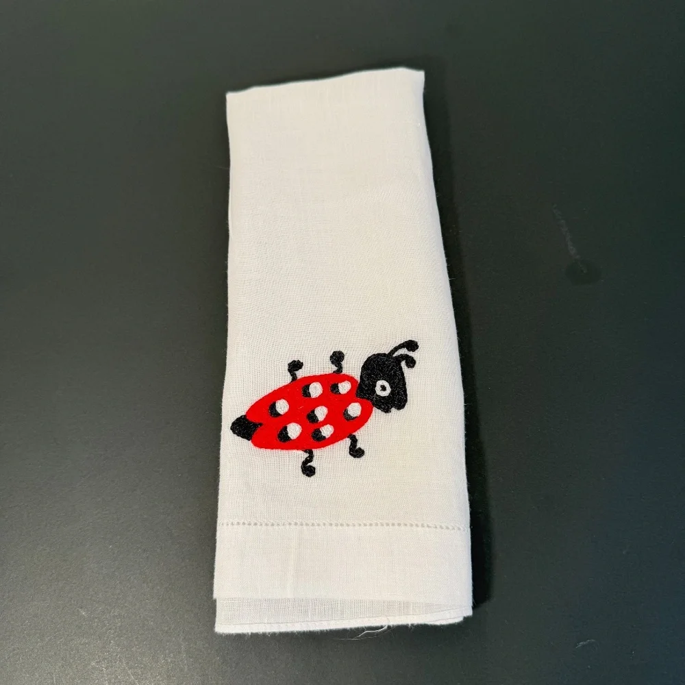 Vintage,Unused White Madeira Linen , Embroidered Ladybug Finger Tip Guest Towel